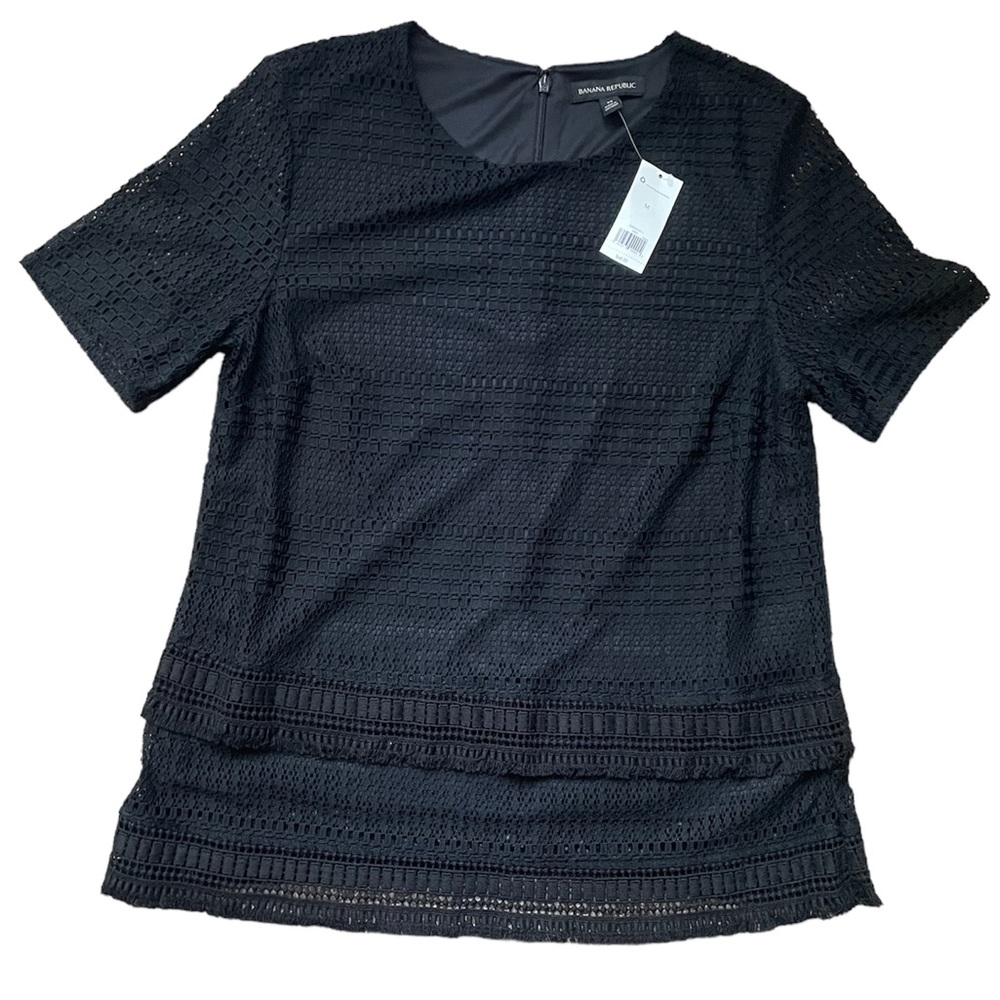 NWT Banana Republic Black Fringe Lace Eyelet Short Sleeve Top Blouse (size M)